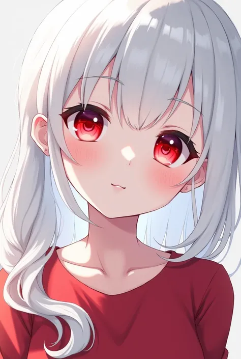 anime girl with white hair and red eyes, cute, wearing red shirt