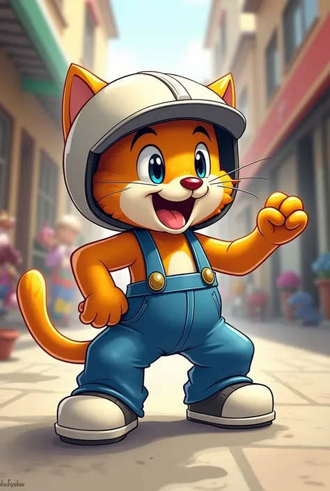 Draw a picture of Don Gato wearing blue pants and white helmet