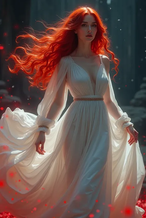 The 30-year-old woman wears a 5m-long white dress with scarlet red hair. She looks good, a friend behind the stars. She uses a dark red power on her left hand, her right hand. Her eyes are dark red. 