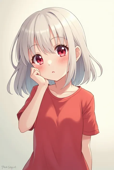 anime girl with white hair and red eyes, cute, wearing red shirt, small chest, tall