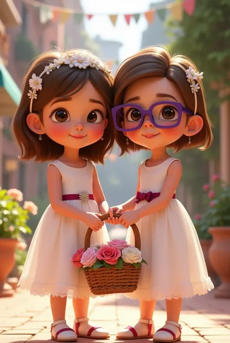 pixar 3d style,  two small ren of approximately 7 and , Dressed in white bridesmaids dress ,  with a marsala ribbon around the waist ,  with a florist basket ,  one with a round face ,  asks for a light brunette ,  short brown hair ,  brown eyes and purple...