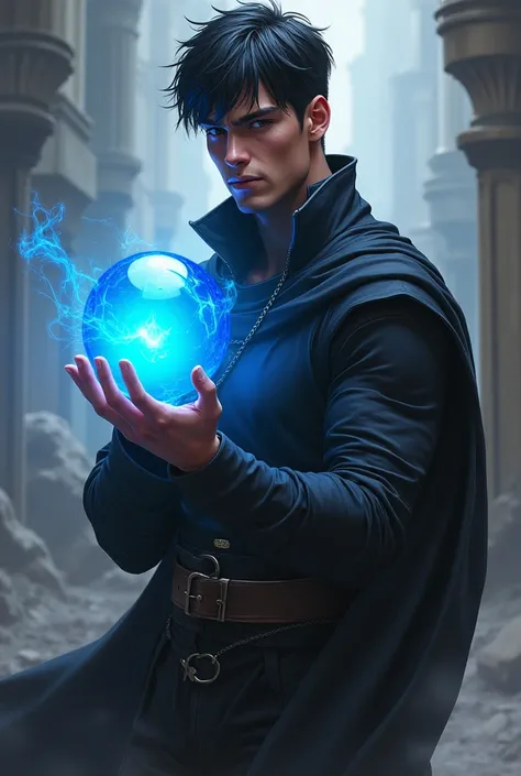 Fantasy scene, a young man with dark hair wearing a black cloth warrior uniform and holding a glowing blue ball in his hand (black uniform, large physique).بورتريه، عالية الدقه، نظرات حاده، رداء اسود