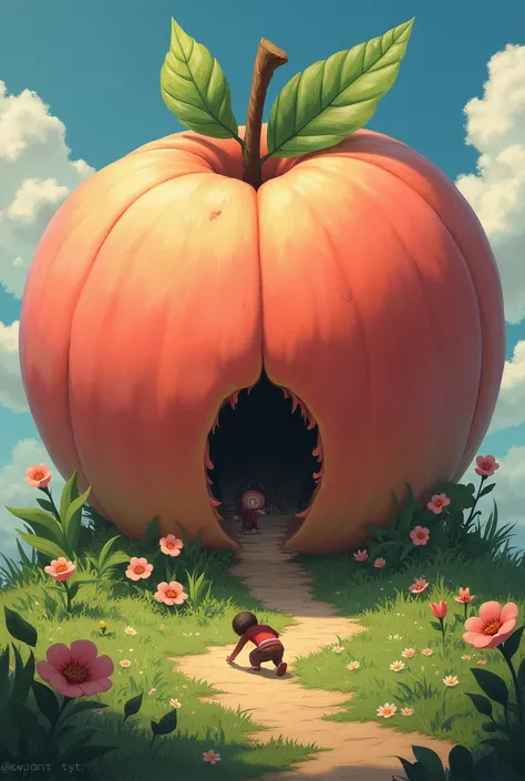 Giant Peach and the Peaches touch the ground and inside the peach a different world: mysteries with animals and in it a hole where a  alone is accompanied crawling to enter the peaches 