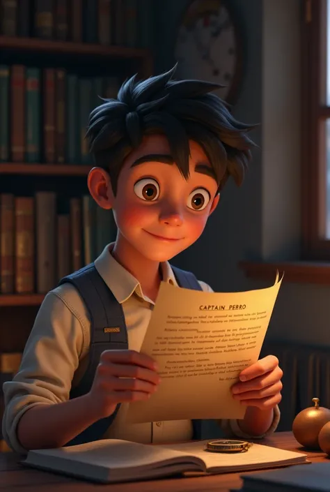  Lucas reads the letter .  It is signed by a  "Captain Pedro "  and talks about adventures and friendship .
text: " This watch is a symbol of our journey .  Whoever meets it is our next adventurer.".