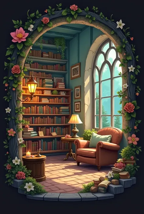 Gi me some magical, cozy vibe logo of a cafe slash library where you can read and drink coffee. It is the dream of every booklover who whats to have a cozy and silent place outside