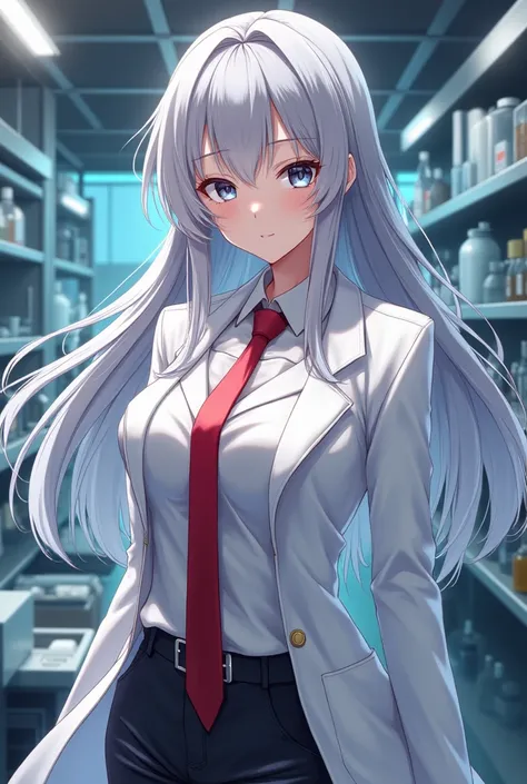 An anime adult female, long silver hair, silver eyes, lab coat, cleavage, red tie