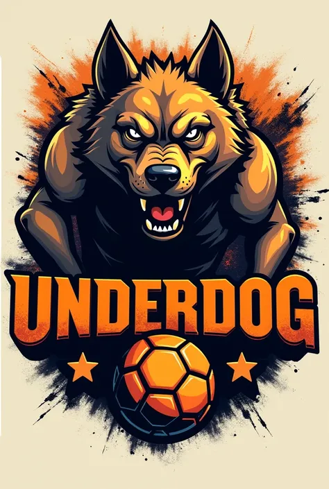 Logo for a futsal team that has a very aggressive dog that is realistic and says underdog futsal with orange and black letters and a ball 
