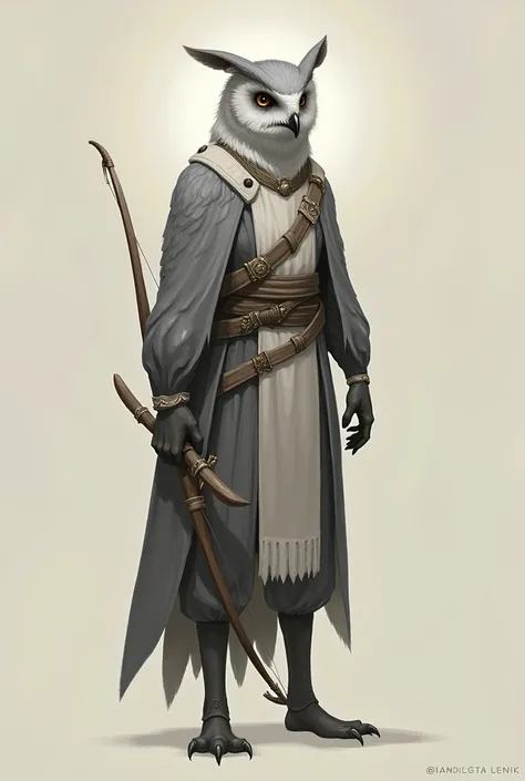 A tall and straight archer owlfolk with grey feathers and without wings.