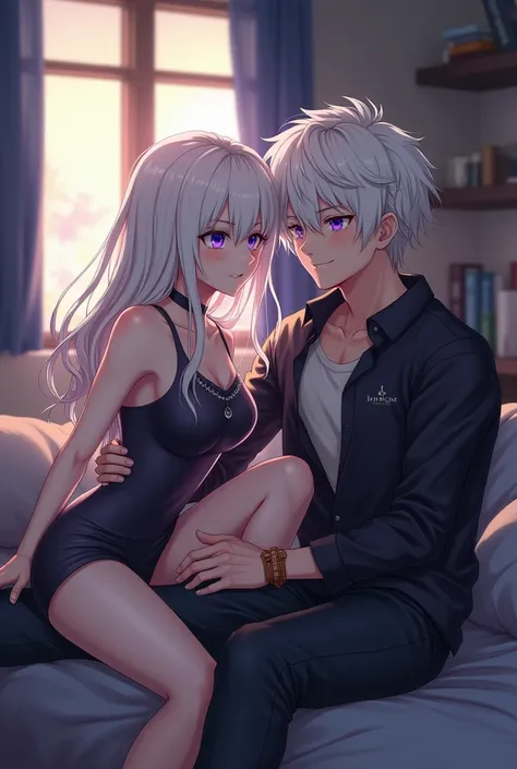 a  white haired tomboy with purple eyes with her hood   male friend at her room