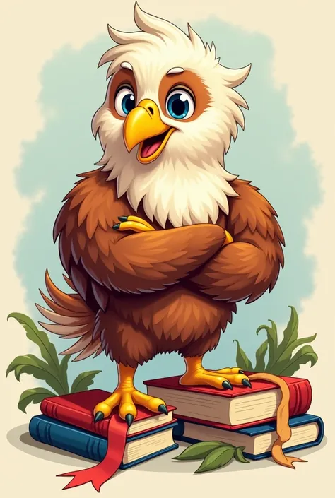 Create an image for me of a very charming and at the same time cuddly eagle mascot that gives the impression of a very tough animal, crossing your arms and turned sideways , smiling,  a bit clumsy but very intelligent, Create something very creative with h...