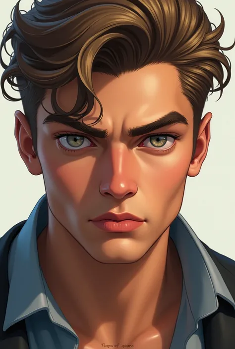  A tanned man with light brown hair and light gray eyes.  With an attractive and very handsome face ,  about 23 years old .  Who looks serious and somewhat intimidating , but not too much. 3D drawing style . That does not have a beard and that looks shaved...