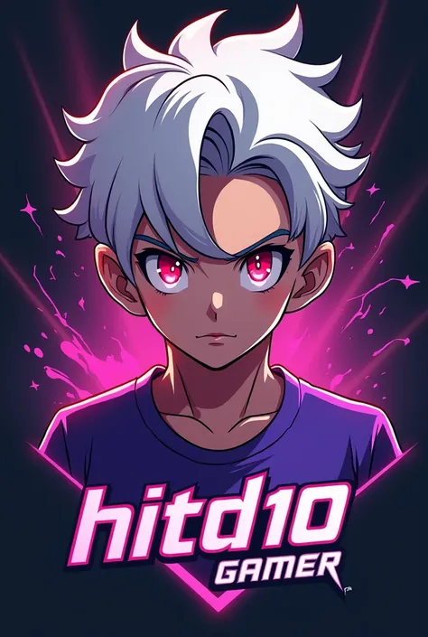 Logo, young man with white hair , red eyes, purple shirt ,  and whose lower part says HITD10 GAMER 
