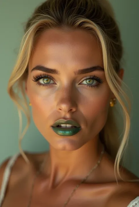 An ultra-realistic cinematic close-up of a stunning Brazilian woman with blonde hair tied in a ponytail, captivating green eyes wearing beautiful sunglasses with lighter lenses and full, defined lips. Her tanned, sun-kissed skin glows as she applies luxuri...