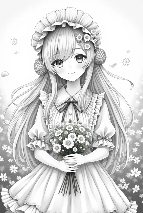 masterpiece, best quality, 1girl, solo, long_hair, looking_at_viewer, smile, bangs, skirt, shirt, long_sleeves, hat, dress, bow, holding, closed_mouth, flower, frills, hair_flower, petals, bouquet, holding_flower, center_frills, bonnet, holding_bouquet, fl...