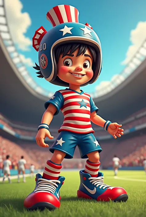 Create an image of what a soccer players uniform would look like and that uniform has to be based on cartoonish and typical clothes and apparel from the United States of America