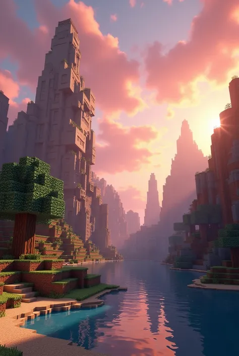 A hyperrealistic Minecraft map with rtx sky with blocks and square things