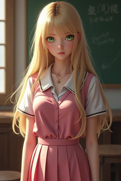  young woman, With long blond hair ,  green-eyed, white pele. Shes wearing a pink schoolgirl outfit. realistic 