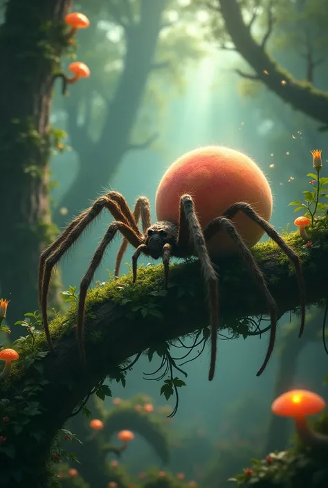 A spider and let its butt form a peach inside an enchanted forest 


