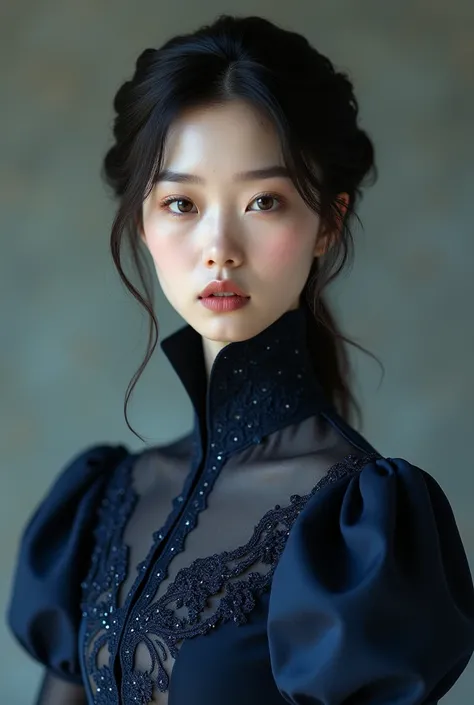 Create a portrait of a Korean woman wearing a navy blue formal Victorian era dress