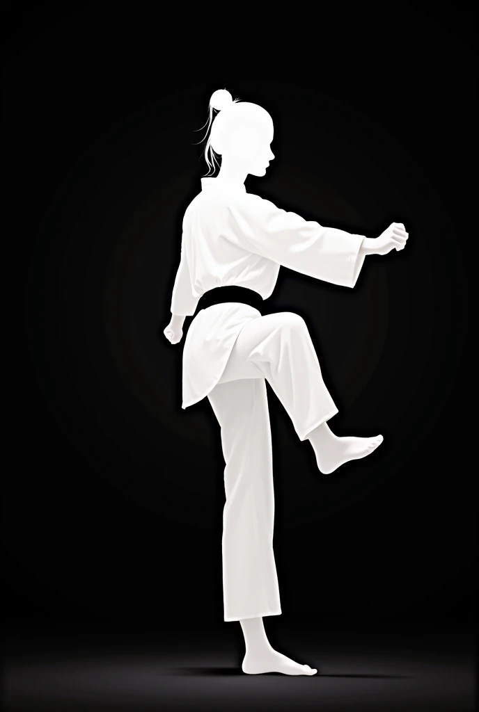  ((white silhouette Karate beautiful girl in pose karate, kick  , Full- body, beautiful girl, 18-year-old)), (black background),(black belt)