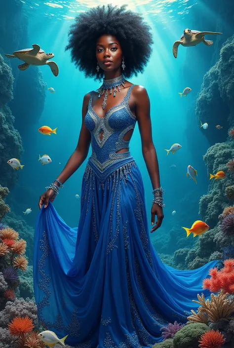  create a digital collage with Orixá Iemanjá,  black woman dressed in blue and silver ,  with sea animals and lots of silver . Afro-Brazilian references 