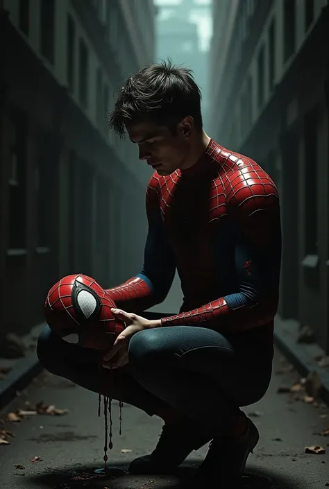 Peter parker crying and despairing, seen from afar, without the mask of spiderman in his hand immersed in the shadows, on his knees, with wounds and cuts in his costume