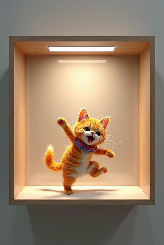 Create an image of a museum wall cabinet showing a cat toy, excited