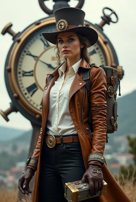  Create an image high quality Steampunk style ,  presenting a woman in a setting where there is a giant watch on the back of the woman ,  and right in the background buildings , hills.  A woman Steampunk clothes in the foreground with an outfit where it is...