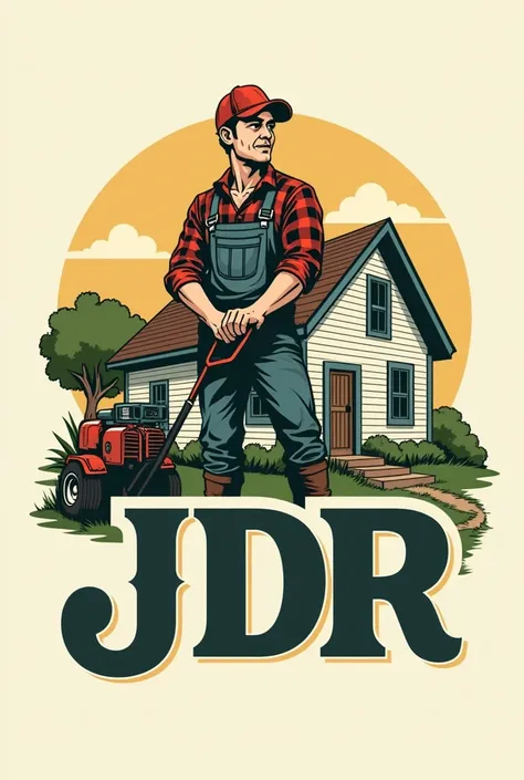 logo with the letters JDR , In front of the logo , Put a character working with, Manual brushcutter ,in front of a house. For a company logo drawing  