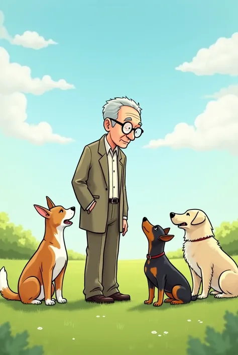 Funny cartoon of a tall and thin elderly Japanese man standing with glasses on a field talking “to jhow” to his dogs and a pinsher in the back 