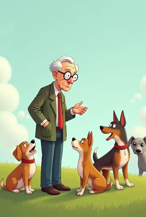 Funny cartoon of a tall and thin elderly Japanese man standing with glasses on a field talking “to jhow” to his dogs and a pinsher in the back 