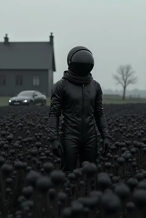 Astronaut in black suit, in the middle of a field of black flowers, a black house and a black car