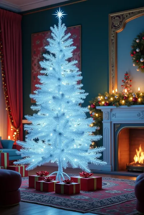 White Christmas tree with blue lights in colorful living room and gift boxes