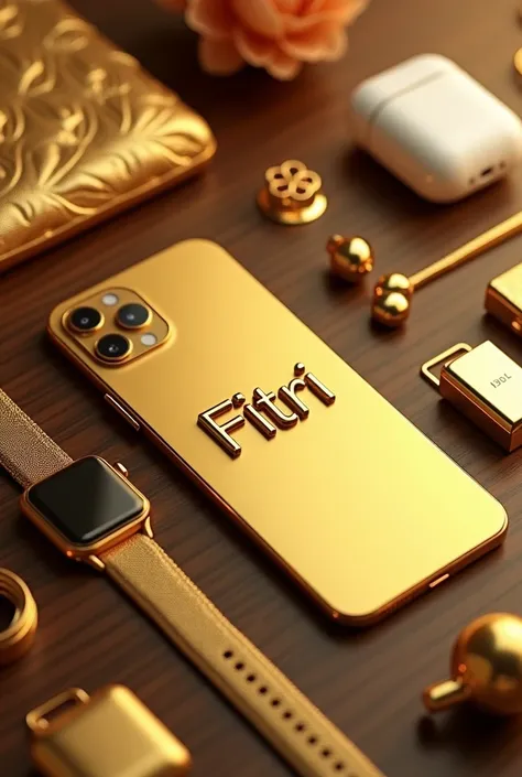 Generate a gold mobile placed on the table, the name "Fitri" is written in 3D in gold color on the picture, the mobile cover is decorated with gold rose, gold color airpods and a gold color smart watch are placed on the wood color table .