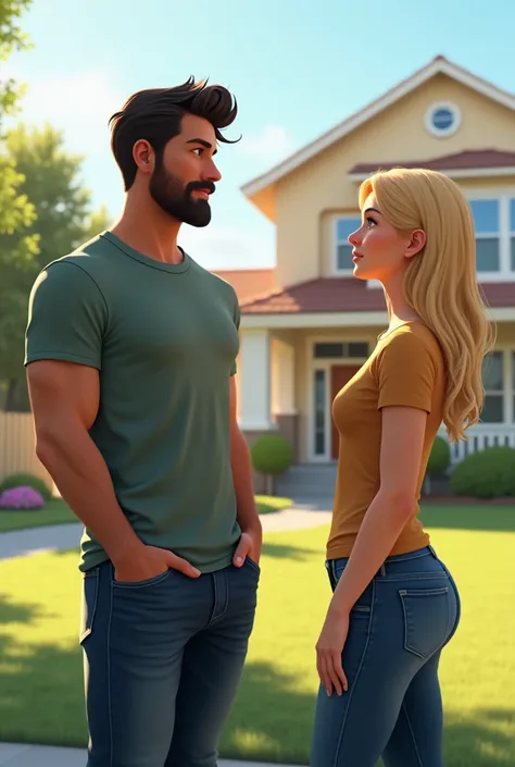  Tall 30-year-old young man with dark hair and short beard, In a short-sleeved shirt and jeans, Talking to her 20-year-old blonde friend in front of a house 