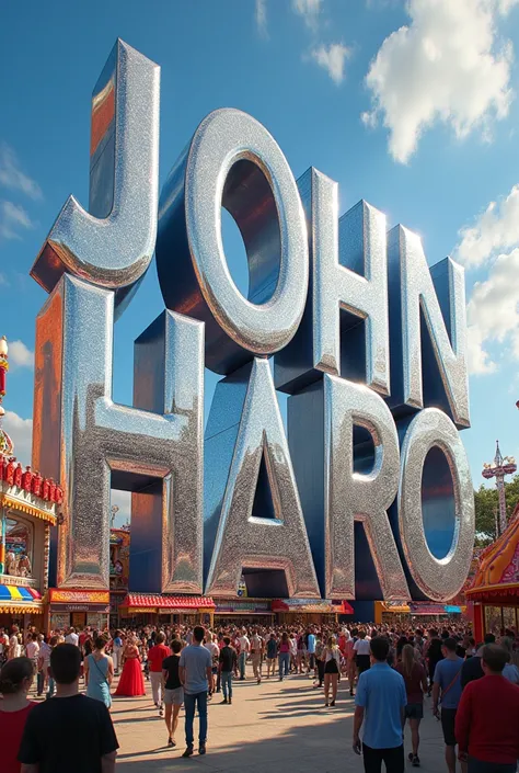 20 ft tall letters that say "JOHN HARO" the letters are each a fun mirror optical illusion at a carnival