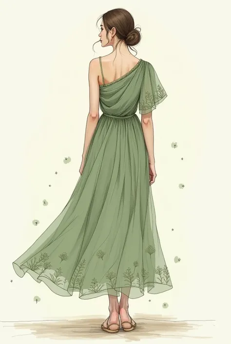 A sketch of a embroidered midi dress in moss green with the strap dropped over the shoulder

