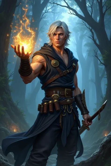 An earlier handsome and younger man with adventurer in a magical world with half-length white hair , muscle, yeux bleu avec éclat jaune avec une tenue daventurier noir 
Avec une épée sur le côté des dagues  ranger 
Dans une forêt sombre 
Position de combat...