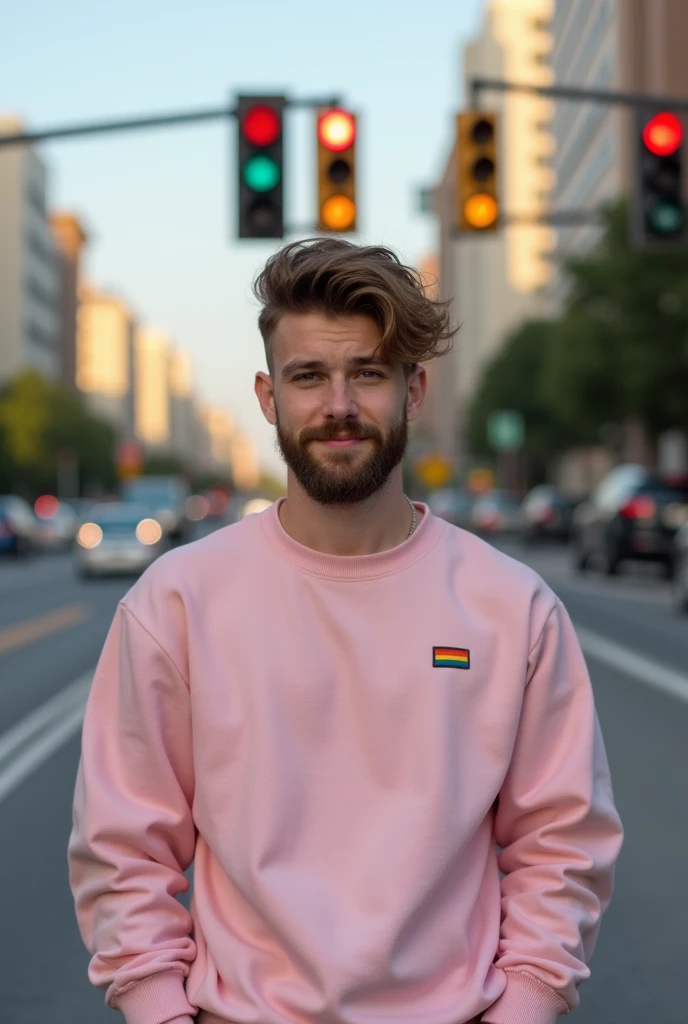 Create photo of a bearded gay boy wearing a pink sweatshirt at traffic lights