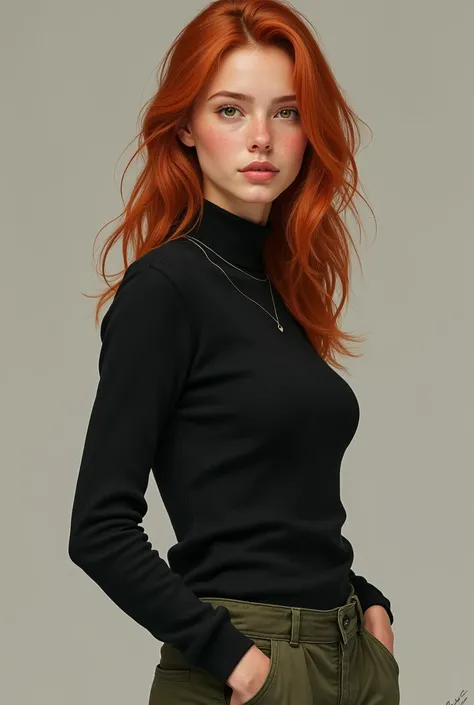  Create a very realistic woman (just like a real person ) red-haired, white and freckled,  brown eyes and full body skinny, She wears well-groomed ,  clothes like a black sweater and cargo pants 