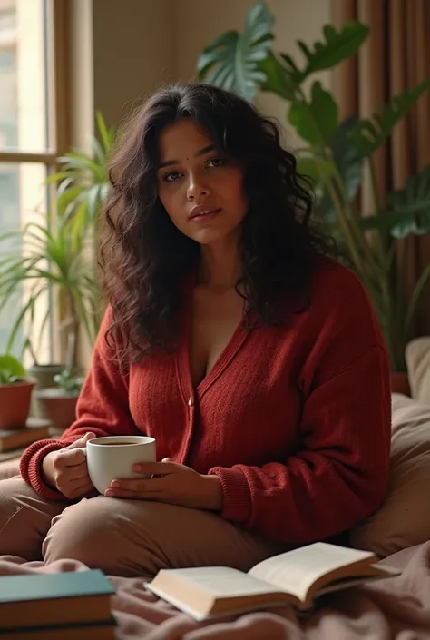 (photorealism:1.2), beautiful little thick indian woman, sitting on bed, wearing loose woolen red jumper top, brown pajama, holding coffee mug, long curly hair, indoors, soft lighting, plants in background, window with sunlight falling on face, cozy room, ...