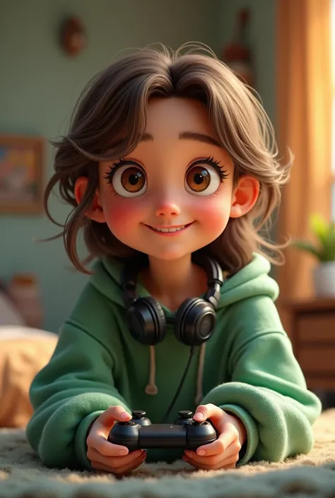 Cute gamer character with green sweatshirt brown hair brown eyes white skin color