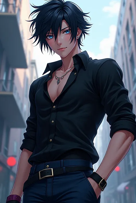 Noctis Lucis Calleum anime version of black shirt and dark blue jeans 