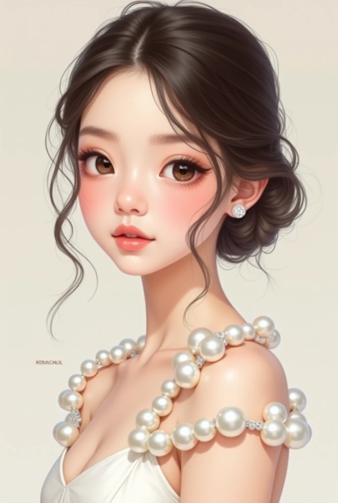  Logo for a white pearl jewelry brand for girls. Brand name cosha . Girl wearing pearl shoulder jewelry.