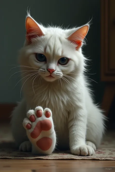 Sad cat with big foot 