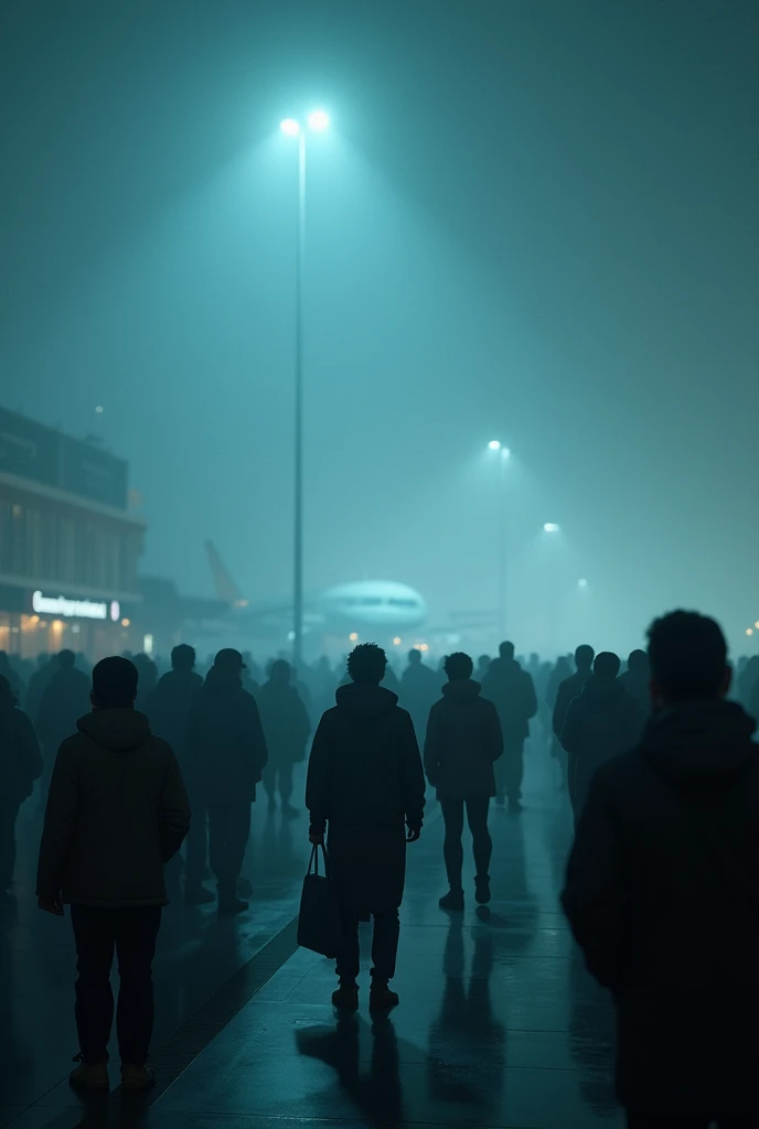 An airport at night with fog and lots of astonished people