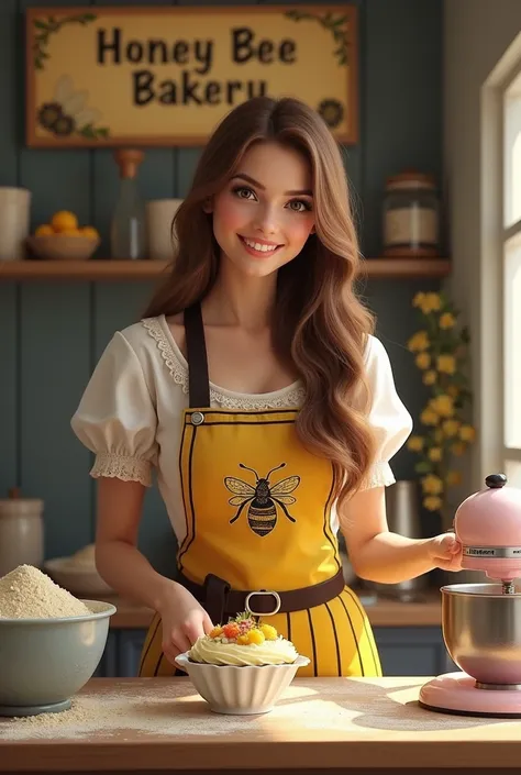  Beautiful brunette girl with long wavy hair, dressed like a bee wearing a pastry apron , holding a cake mixer and a text that reads: Honey Bee Bakery 