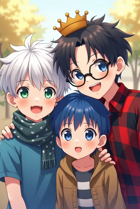 Three smiling boys, the first one has white hair, a blue shirt, green eyes and a scarf, the second one has black hair with a crown, blue eyes and a red and black plaid shirt, the third one has blue hair and wears glasses, its a cute anime version. 