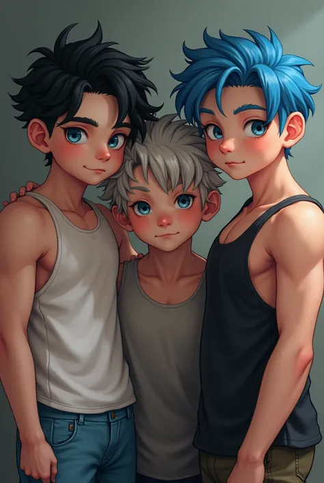 Three brothers, 19 years old, 20 years old, 22 years old, black hair, white hair, blue hair, blue eyes, brooding, playful, sweet, casual style, athletic build