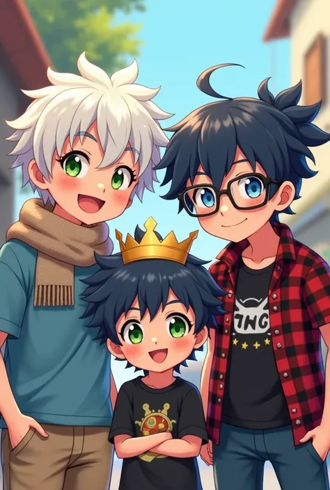 Three smiling boys, the first one has white hair, a blue shirt, green eyes and a scarf, the second one has black hair with a crown, blue eyes and a red and black plaid shirt, the third one has blue hair with a ponytail, wears glasses, a black anime shirt, ...